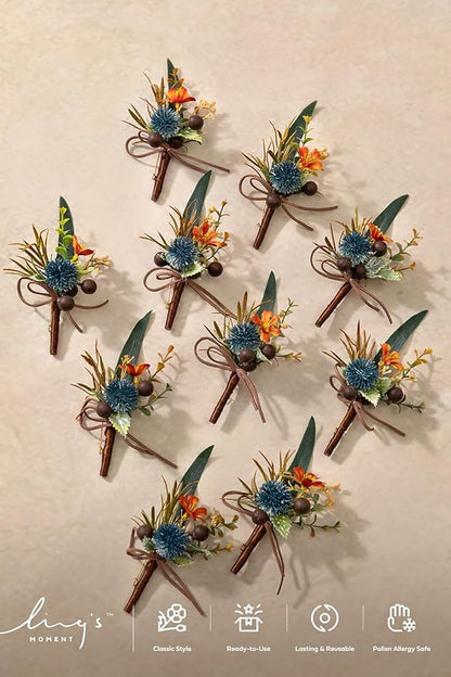 Ling's Moment Boutonniere for Men, 10pcs Groomsmen Guest Boutonniere, Artificial Flowers for Wedding Décor/Prom/Homecoming,etc.Dark Teal Orange