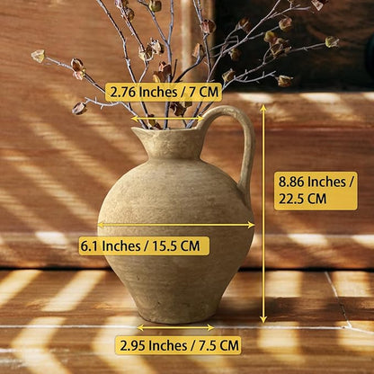 Ceramic Rustic Farmhouse Vase with Handle, 8.7 Inch Beige Vintage Vase, Rustic Ceramic Pottery for Home Decor, Farmhouse Decor Centerpiece for Kitchen, Living Room, Entryway