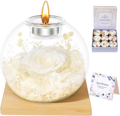 DEEMEI Gifts for Women Birthday Gifts for Women Preserved Real Rose in Glass Dome with Scented Fresh Flowers for Delivery Prime Eternal for Her Mom Grandma Wife Girlfriend Daughter, White