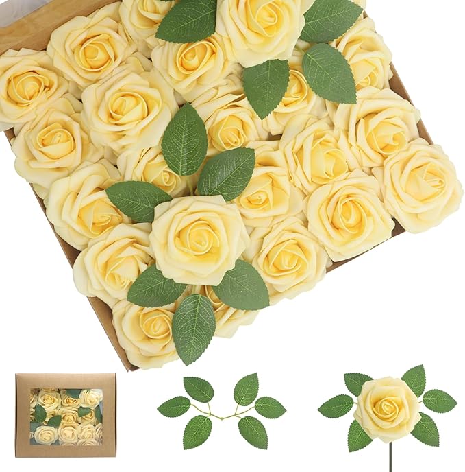 Artificial Flowers Creamy Yellow Roses 50Pcs Real Looking Foam Fake Roses with Leaves for DIY Wedding Bouquets Bridal Shower Party Decorations (Creamy Yellow, 50)