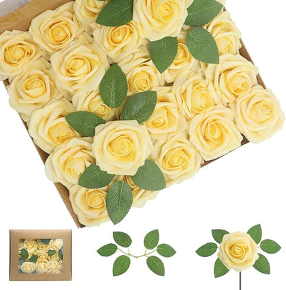 Artificial Flowers Creamy Yellow Roses 50Pcs Real Looking Foam Fake Roses with Leaves for DIY Wedding Bouquets Bridal Shower Party Decorations (Creamy Yellow, 50)