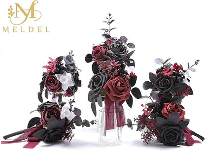Meldel Wedding Flowers Fake Rose Mini Bridesmaid Bride Bouquets Black Burgundy Set of 6 Small Floral Wedding Centerpieces Decor Artificial Flower Arrangements for Tables Home Party Decorations