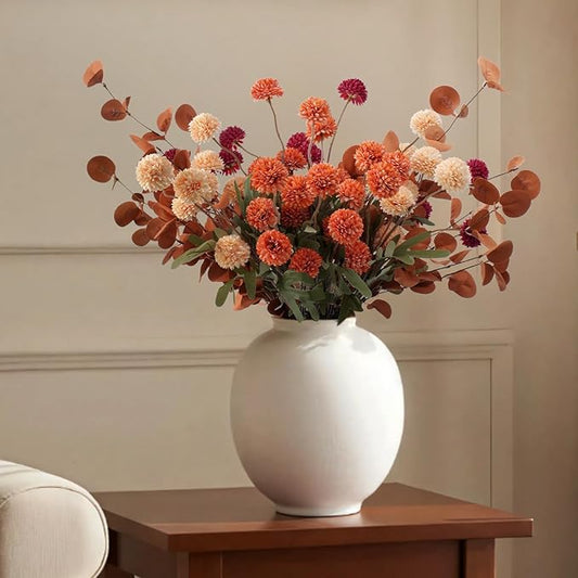 Real-Touch Faux Silk Mums Bouquet, Bendable Long Stems, Full & Realistic Artificial Flower Arrangement for Vase, Table, Wedding & Wreath Décor, Beige(No Vase) (Mixed Orange)