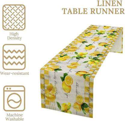 Lemon Table Runner , Summer Yellow Fruits Green Leaves Kitchen Dinning Table Decoration for Indoor Outdoor Home Party Decor 13x70 in