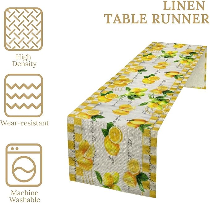 Lemon Table Runner, Summer Yellow Fruits Green Leaves Kitchen Dinning Table Decoration for Indoor Outdoor Home Party Decor 13x60 in