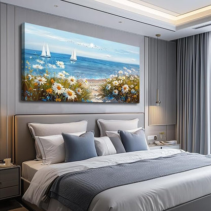 PHAOHUAXM Large Blue Ocean Landscape Canvas Printing Picture Wall Art For Living Room Farmhouse Dinin Mural White Flowers Bedroom Office Wall Decor Home Decor Painting Easy To Hang 30x60 Inches