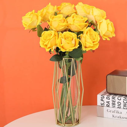 15Pcs Yellow Roses Artificial Flowers Fake Roses Long Stem Velet Rose Silk Flowers for Home Wedding Decoration (Round Rose,Yellow)