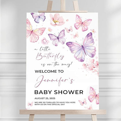 Personalized Baby Shower Welcome Sign With Stand, Baby Shower Yard Sign Template, Forest Animal Yard Sign Decorations For Girl, A Little Butterfly For Girl Welcome Sign
