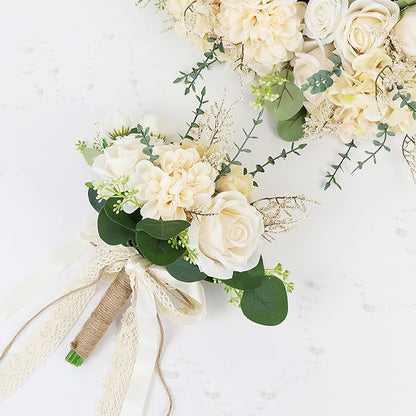 Set of 2 Bridesmaid Bouquets for Wedding, 9 Inch Boho Bridesmaid Flowers for Ceremony Anniversary Centerpieces Decorations, Artificial Rose Bouquets Vintage - Beige