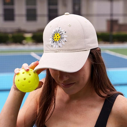 Waldeal Pickleball Hat for Women, Ajustable Embroidered Daisy Washed Denim Baseball Cap