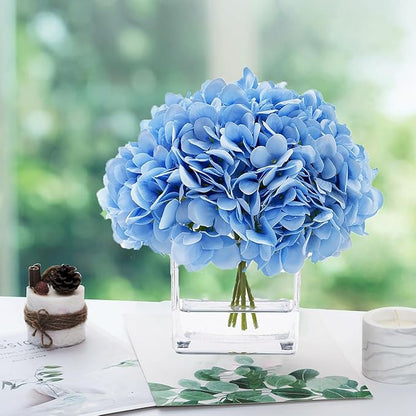 Blue Hydrangea Flowers in Vase, Silk Flowers in Vase with Faux Water for Home Decor Indoor, Wedding Table (Blue)