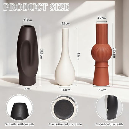 Modern Ceramic Vase Set of 3 with Creative Easter Island Moai Abstract and Grooved/Teardrop Design, Perfect for Pampas Grass, Fall Decor, Boho and Farmhouse Home Living Room Decor