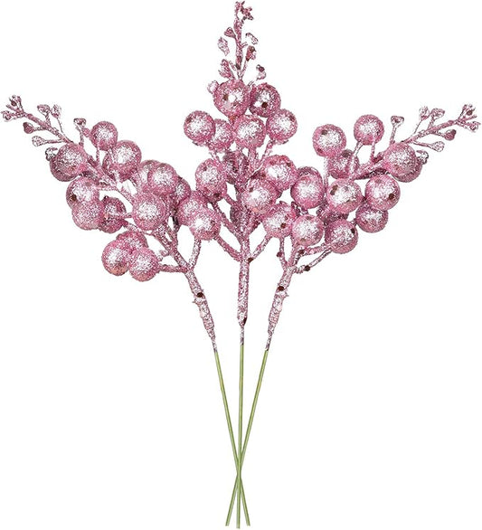 Lvydec 16pcs Christmas Glitter Berry Stems Clearance, 7.8" Artificial Christmas Picks for Christmas Tree Ornaments, DIY Xmas Wreath, Crafts, Holiday and Home Decor (Pink)
