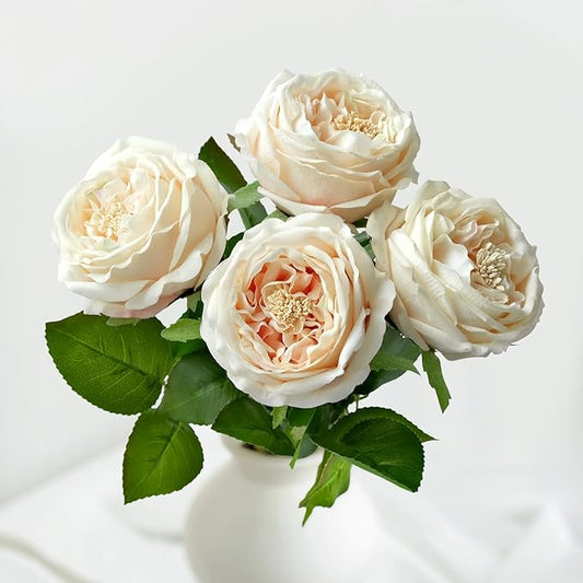 YalzoneMet 3.5'' Big Bloom Champagne Rose Artificial Flowers 4Pcs Real Touch Rose Faux 17.7Inch Long Stem Austen Roses Peonies Fake Flowers for Boho Home Kitchen Party Spring Flower Wedding Decor