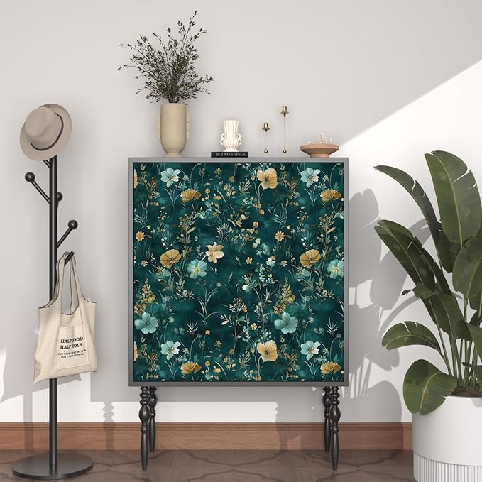 Vintage Floral Peel and Stick Wallpaper Boho Wallpaper 17.5''x393'' Teal/Blue/Yellow Wildflowers Vinyl Contact Paper Waterproof Self Adhesive Modern Stick on Wall Paper for Bedroom Wall Table Cabinet