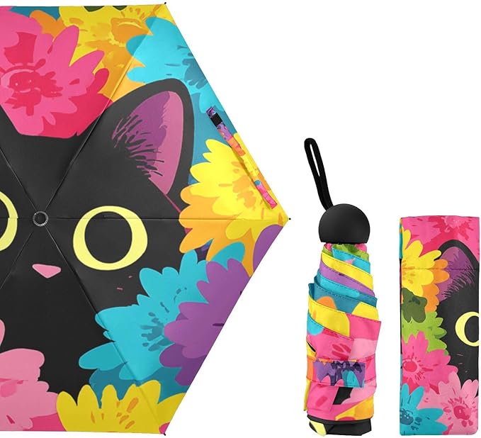 JIPONI Mini Travel Umbrellas for Rain Cute Cat Floral, Small Umbrella Compact Waterproof Anti-UV Protection Lightweight Portable