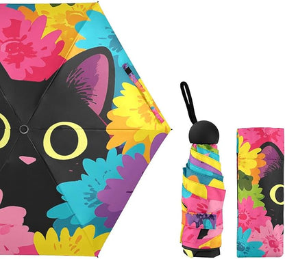 JIPONI Mini Travel Umbrellas for Rain Cute Cat Floral, Small Umbrella Compact Waterproof Anti-UV Protection Lightweight Portable