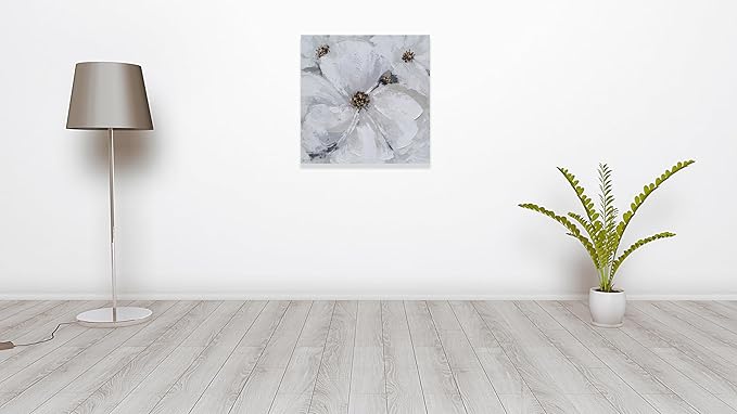 SYGALLERIER Abstract Flower Wall Art - Gray and White Floral Oil Painting with Gold Foil Embellishments - Handmade Canvas Wall Art 40x40 Inch