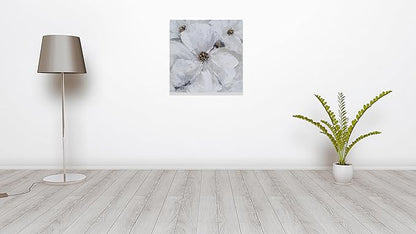SYGALLERIER Abstract Flower Wall Art - Gray and White Floral Oil Painting with Gold Foil Embellishments - Handmade Canvas Wall Art 40x40 Inch
