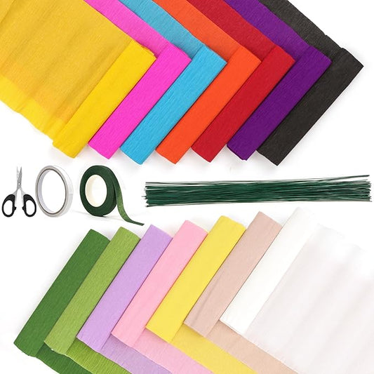14 Colors Crepe Paper Rolls, 9.8 x 98 Inch Wide Crepe Paper Sheets with 100 Pcs Green Floral Iron Wire, Floral Band, Double-Sided Tape, and Scissors for Birthday Parties Weddings Festival Decoration