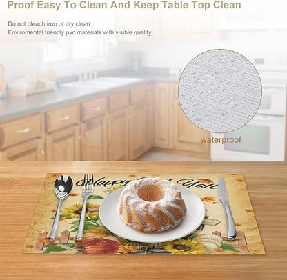 Autumn Scarecrow Placemats Farmhouse Rustic Vintage Brown Sunflower Pumpkin Flower Maple Thanksgiving Placemats Table Kitchen Dining Party 12x18 Inch Set of 6