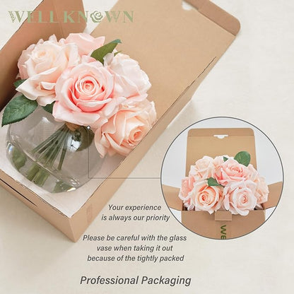 WELL KNOWN Artificial Flowers with Vase, Silk Rose Artificial Flowers Table Centerpieces with Faux Water for Home Decoration Fake Roses Flower Arrangements for Table Decor (Pink)