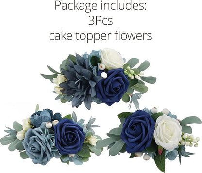 Rinlong 3Pcs Pre-made Cake Toppers Navy Blue Flowers Cake Decorations Wedding Cake Decorating Flowers Decor Birthday Baptism Party Cake Toppers