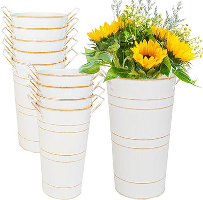 10" Tall Flower Buckets Metal Vase - Pack of 10 Rustic Farmhouse Centerpiece Vases for Table with Handles, Wedding Home Table Decor, Farmhouse White Flower Bar Bucket Holder