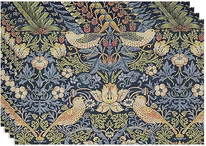 William Morris Floral Placemats Set of 4, Vintage Flower Strawberry Birds Place Mats, Heat Resistant Non Slip Cotton Linen Dining Table Mats for Home Kitchen Party 18x12 Inch