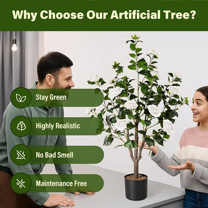 Artificial Camellia Tree,2Pack 3.6FT Faux White Camellia Plants in Pots,Lifelike Artificial Flower Trees for Indoor Outdoor Home Decor,Realistic Blooming Faux Plants for Living Room Porch Patio Office