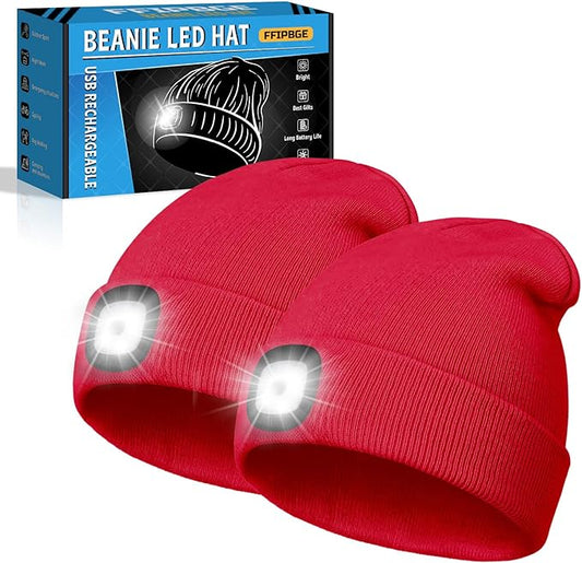 Christmas Stocking Stuffers for Men Adults, Beanie Hats with Light, USB Rechargeable LED Hand Free Headlamp, Birthday Gifts for Men, Women, and Teens, Ideal for Camping, Hiking, 2 Pack, Red