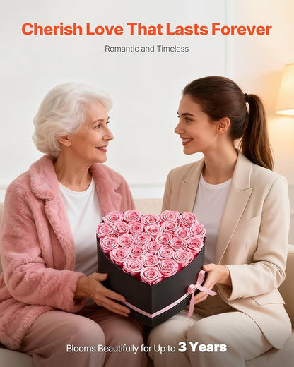 VEVOR Forever Flowers, 27 Preserved Roses in a Heart Shape Box, Eternal Flowers Immortal Bouquet Birthday Present for Women Her Wife Mothers, Anniversary, Valentine's Day,Christmas, Pink