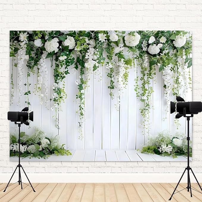 9x6ft White Flower Backdrop Green Leaves Wedding Bridal Shower Photography Background Floral Rustic Wood Wall Birthday Party Banner Decorations Reception Ceremony Portrait Photo Booth Prop