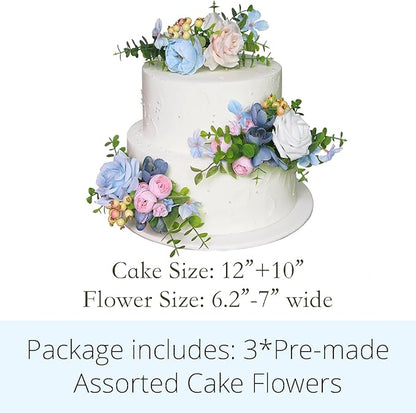 Rinlong 3Pcs Baby Blue Pink Cake Topper Pre-made Cake Decorations Pastel Blush Wedding Cake Decorating Flowers Cake Decor for Baptism Girl Women Birthday Party