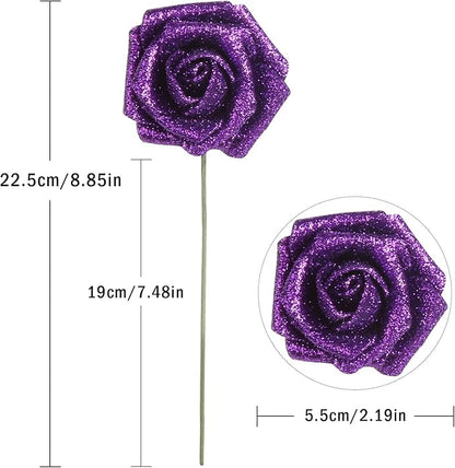 IPOPU Glitter Roses, 25pcs Foam Glitter Roses Glitter Flowers Foam Rose with Stem for DIY Wedding Bridal Bouquet Home Party Decoration(Purple)