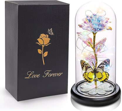 Christmas Rose Gifts for Women, Womens Gift for Christmas Birthday Gift Galaxy Glass Rose Forever Eternal Crystal Flower Light Up Roses in Glass Dome Butterfly Xmas Gifts for Mom Grandma Wife Colorful