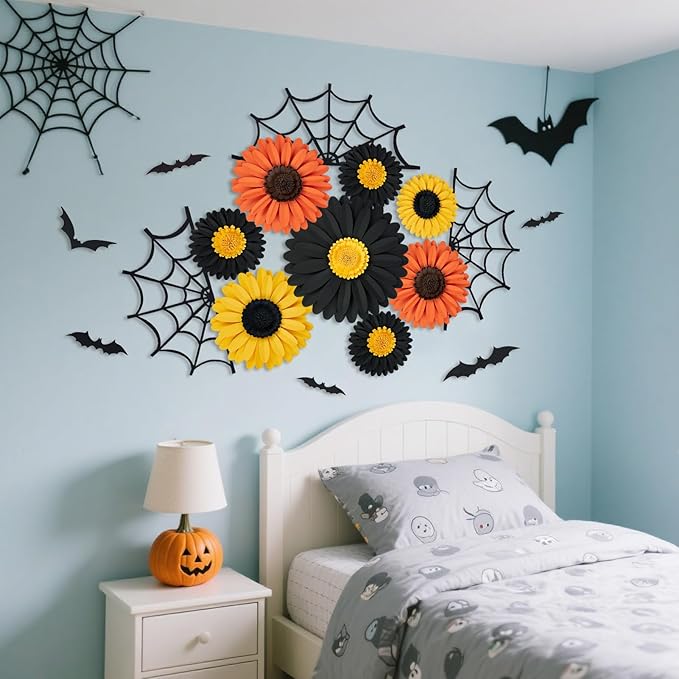 Paper Flowers Decorations for Wall, Black and Orange Party Decorations 3D Large Artificial Flower Hanging Paper Fans Fall Bulletin Board Decoration for Classroom Autumn Thanksgiving Window Fall Decal