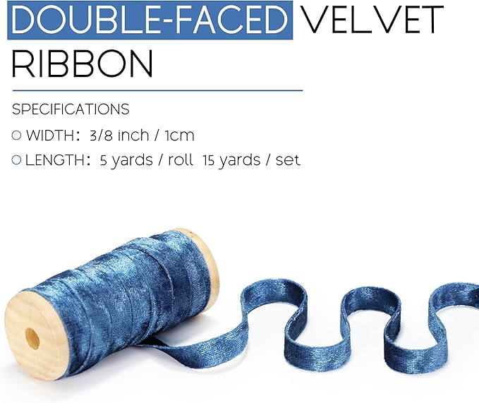 Velvet Blue Ribbon Double-Sided Handmade Glossy Fabric Trim Wooden Spool Thin Ribbons for Christmas Tree Gift Wrapping Crafts Wedding Flower Bouquet 3/8 inch x 5YD 3 Rolls