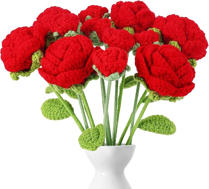 YoungJoy 12 Pcs Crochet Rose Handmade Knitted Flowers Tulip Sunflower Daisy Heart Artificial Knitted Floral Mother Day Graduation Home Decor(Mixed Red Rose)