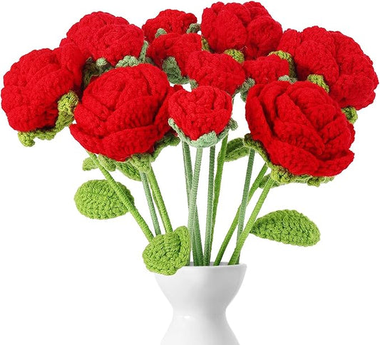 YoungJoy 12 Pcs Crochet Rose Handmade Knitted Flowers Tulip Sunflower Daisy Heart Artificial Knitted Floral Mother Day Graduation Home Decor(Mixed Red Rose)