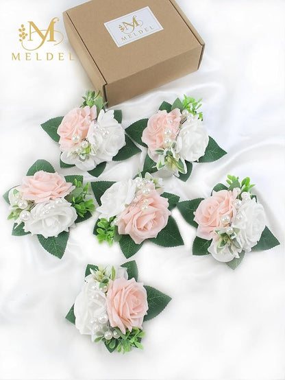 Meldel Pink&White Boutonniere for Men Wedding, Set of 6,Elegant Pearls Rose Boutonniere for Groom Groomsman Prom,Homecoming,Anniversary,Party,Prom Flowers and Vintage Wedding