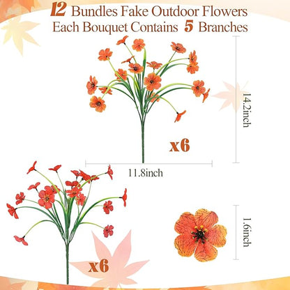 MACTING Artificial Fall Flowers for Outdoors 12 Bundles Faux Mums Outdoor Plants UV Resistant Fake Silk Flowers for Planters Garden Porch Patio Indoor Outside Autumn Thanksgiving Decor,Orange & Red