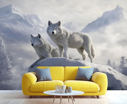 Arctic Wolves Wall Mural, Snow Wolves in Mountain 3D Wall Murals, Winter Wild Animal Wallpaper Mural, for Living Room Bedroom Large Wallpaper Indoor Decor 157.5" W x110.3 H