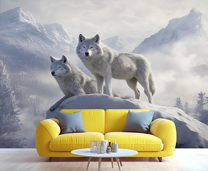 KIREUPA Arctic Wolves Wall Mural, Snow Wolves in Mountain 3d Wall Murals, Winter Wild Animal Wallpaper Mural, for Living Room Bedroom Large Wallpaper Indoor Decor 59" W x39.4 H