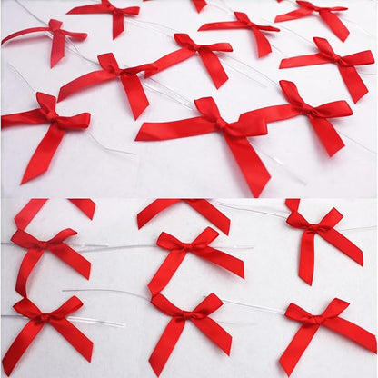 100 Pieces Red Bow Twist Ties for Bags, Satin Twist Tie Bows for Cake Pops, Twist Bows for Treats, Pre Tied Bows for Gifts Wrapping, Ribbon Bows, Pretied Bows Ties for Christmas Gift Wrap Bows