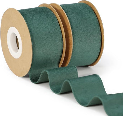 Hunter Green Velvet Ribbon for Christmas, 1-1/2 inch Wide Handmade Fabric Ribbons for Home Decor, Flower Bouquet, Wedding Decoration, Baby Shower, 2 Rolls