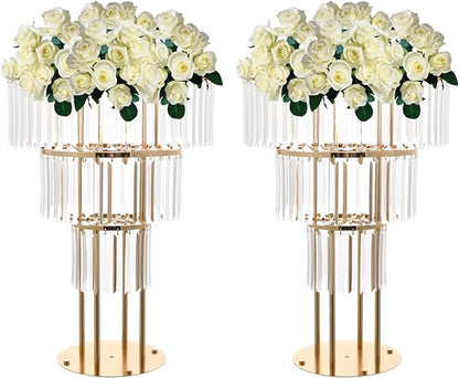 2PCS 3 Tiers Wedding Centerpieces Vase, 28.34” Tall Crystal Wedding Flower Stand, Round Chandelier Pedestal Stand for Wedding Road Lead T Stage Arrangement Decoration