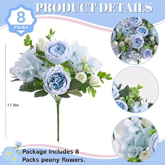 ASTRYAS 8Pcs Artificial Peonies Blue Silk Peonies Faux Flower Bouquet Fake Blue Peonies Artificial Flowers Table Centerpieces for Bridal Wedding Home Party Office Decoration Bulk