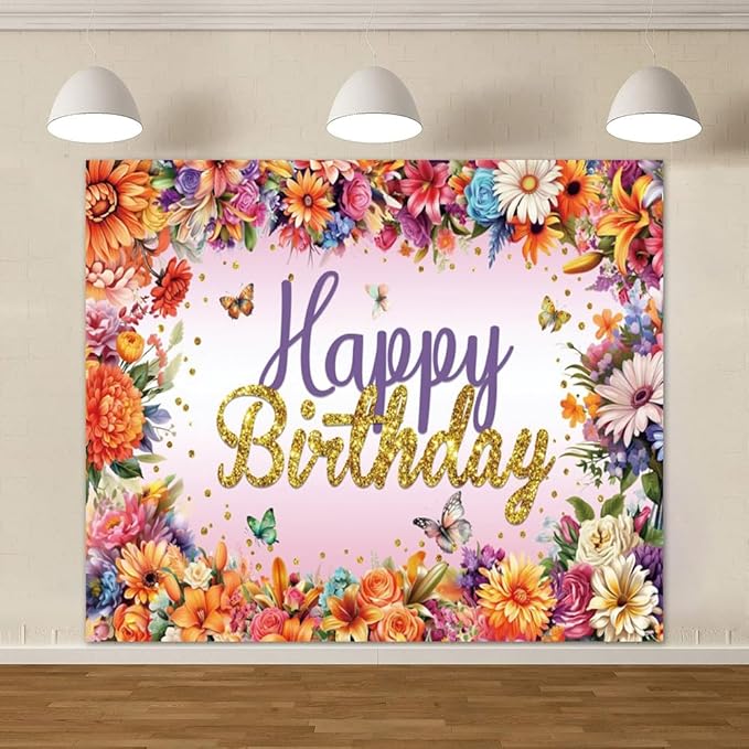 Colorful Flowers and Butterflies Birthday Backdrop, 10x8ft, Polyester Fabric, Deal for Photo Shoots, Celebrations, and Decor, Perfect for Birthday Party Decoration and Event Photography