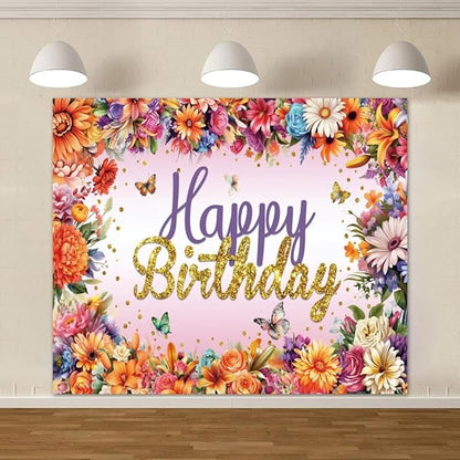 Colorful Flowers and Butterflies Birthday Backdrop, 10x8ft, Polyester Fabric, Deal for Photo Shoots, Celebrations, and Decor, Perfect for Birthday Party Decoration and Event Photography